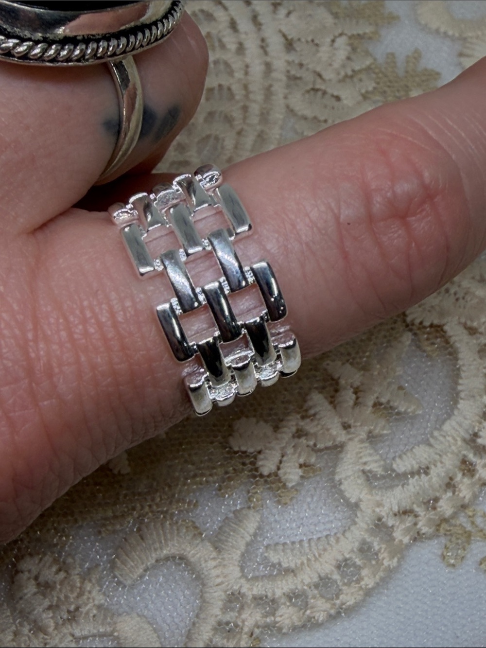 925 Sterling Silver Wide Mesh Link Ring Size 8 Industrial Chic | Bold Ring